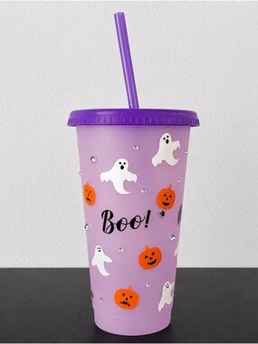 Purple Halloween Tumbler Cup Straw Boo Ghost Pumpkin Rhinestone Handmade